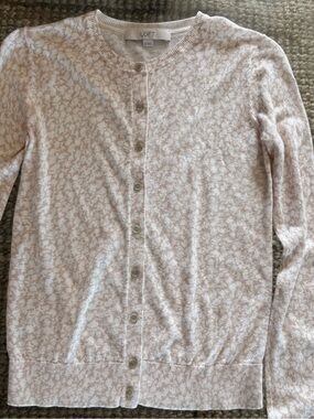 LOFT Pink and Cream Floral-Print Crewneck Cardigan XS